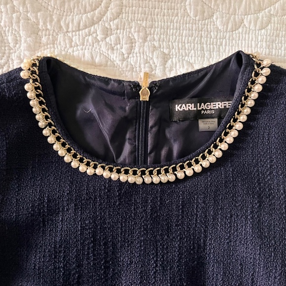 Karl Lagerfeld Paris Navy Blue Tweed Shift Pearl Dress - Picture 3 of 4